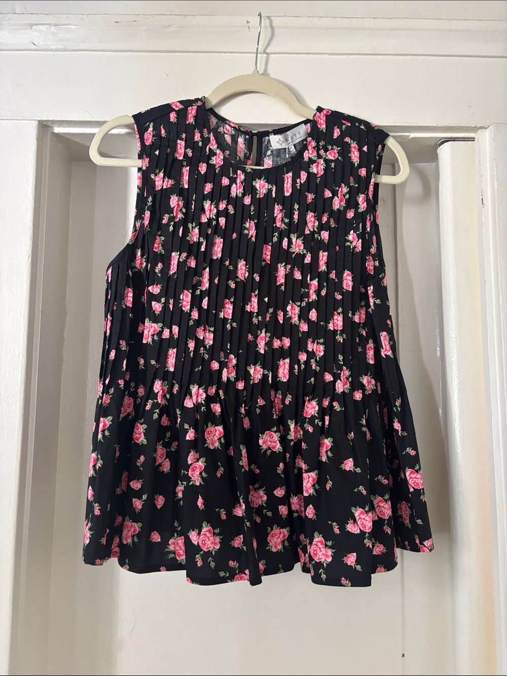 Wayf Black Sleeveless Pleated Camisole with Pink Rose Print